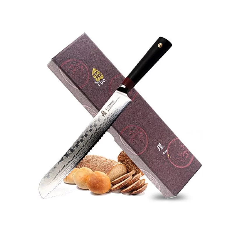 Tuo Cutlery 9 inch Bread Knife – Japanese AUS-10D Damascus Steel – Serrated Slicing Knife with Ergonomic G10 Handle – RING-D Series