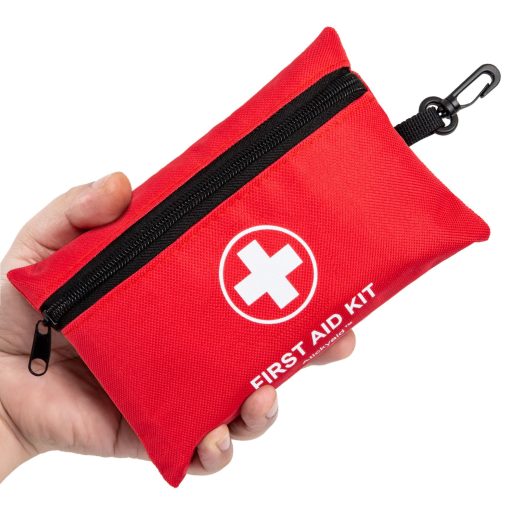 Red compact first aid kit pouch with zipper and carabiner clip
