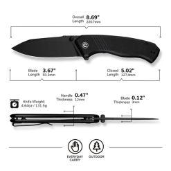 Civivi Placoid Flipper & Thumb Stud Knife C23079-1 – Black G10 Handle