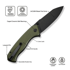 Civivi Placoid Flipper & Thumb Stud Knife C23079-3 – OD Green G10 Handle